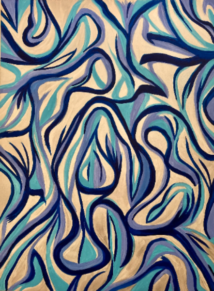 Acrylic Painting abstract Light blue purple and black squiggles weaving through a tan background 