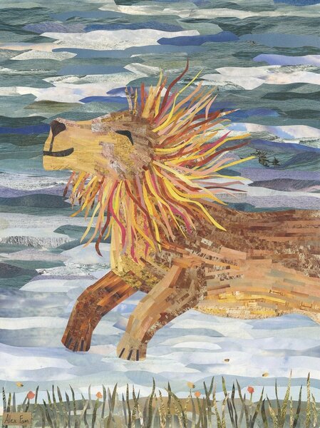 Collage art of a smiling lion. We see the front half of a lion leaping forward from the side, his two front paws off the ground, his mane flowing behind him, his eyes closed and a smile on his face. There are tufts of green grass under him and the sky is 