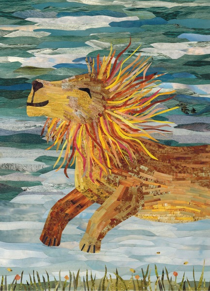 Collage of cut paper strips A smiling lion caught mid jump with a smile on his face His mane is orange and yellow strips his body seen only from mid torso forward are tan and yellow and brown He is leaping over green tufts of grass with small red fl