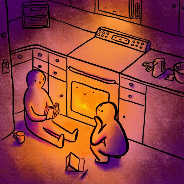 Print of two people drawn only with black lines and no details, sitting next to an oven with a smiley face on it and kitchen cabinets. One is reading a cookbook and has a mug on the floor next to them. There is a hand blender and partial mixing bowl on on