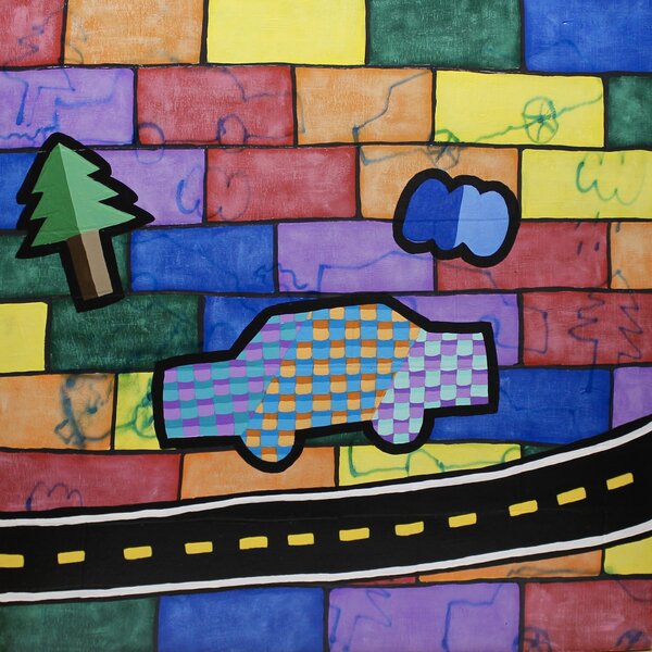 Painting. Multi colored bricks red, yellow, orange, green, purple, blue with a black top street with a yellow dotted line running down the middle across the bottom of the square. Center on the piece is an outline of a car with the same brick pattern. Up