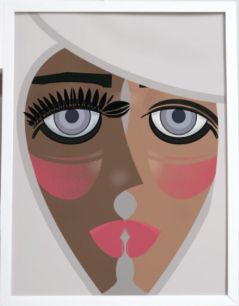 Two faces seen in profile with pink lips and black eye shadow on a white background but the two faces create an optical illusion of a single face facing the viewer 