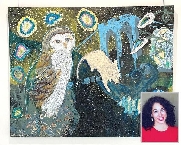 Painting detailed grey and brown owl looking at the viewer next to just a white shadow of a large rat In the background is a blue piece of the Brooklyn Bridge The background of the painting consists of muted blues blacks and greens with white pixiela