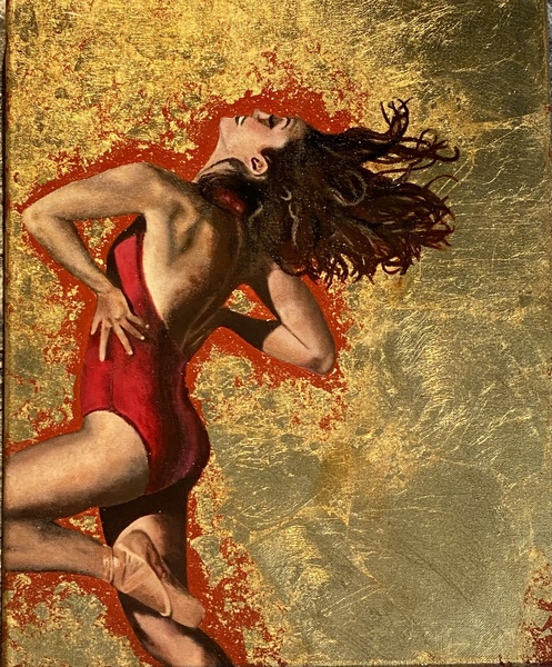Woman with brown hair as seen from left side Wearing red leotard and pink ballet shoes and head thrown back so hair is flowing Gold background with red paint around dancers body