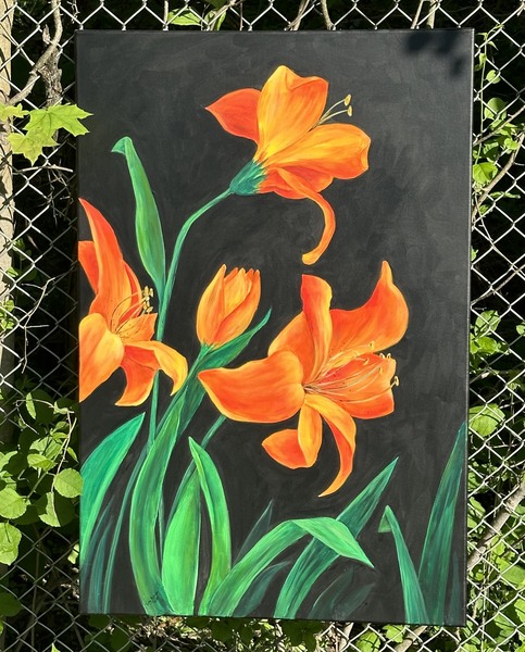 Orange flowers three fully opened one only partially open on bright green stems All on a black background The border looks like a metal chainlink fence with leaves growing through it Uncertain what those flowers are