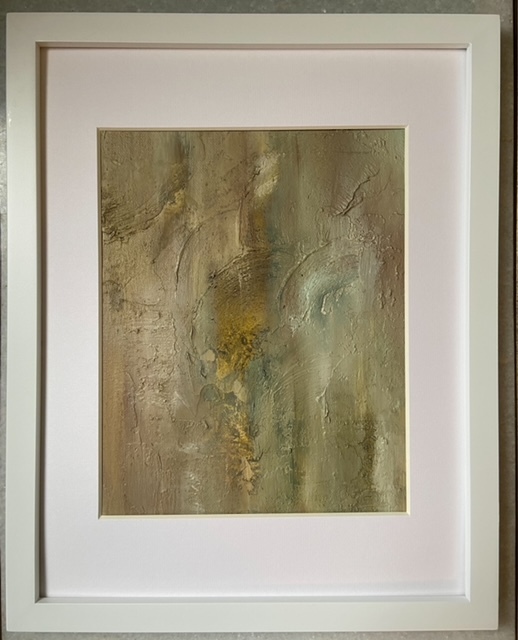 Framed art mixed media Hues of gold and bronze almost a green like the bronze started to turn Looks think and there are slight bumps like a topographical map like there are small mountain ranges in the frame The paint seems to be drawn downward Ab