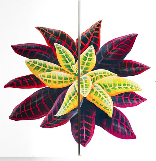 Canvas painting of red and black leaves with yellow and green leaves in center White background