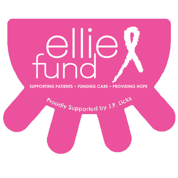 A drawing of a bright pink udder with four teats. In white writing quotellie fund supporting patientsproviding careproviding hope Proudly supported by J.P. Licksquot with a white ribbon next to quotellie fundquot