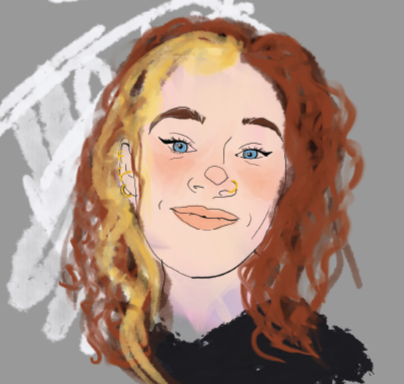 Painted in cartoonish style Self Portrait of young woman with red and blonde hair from shoulders up black shirt Grey background with white squiggles on right side of head 