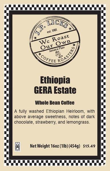 Coffee label we roast our own Ethiopia GERA Estate with ingredients listed on tan background black font nbsp