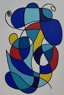 Painting Black swirling lines on white canvas does not appear to create a recognizable shape but the line overlaps to create loops and abstract shapes Most shapes are colored in with a solid color Either blue teal yellow black or red with small se