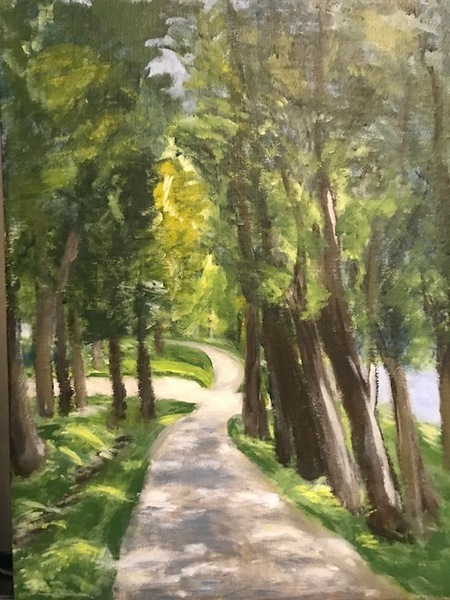 Acrylic Painting gravel path through forest of young trees 