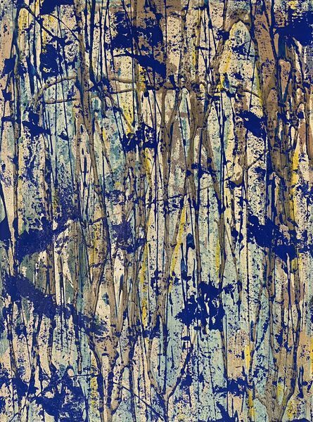 Abstract painting Blue drops of paint over grey yellow lighter blue lines Looks like birch trees as seen through a window splattered with rain 