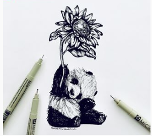 Black and white image created only by ink pen on white paper of a panda bear sitting head tipped to the right holding a sunflower above its head in its right hand Three ink pens used to create the piece surround the panda 