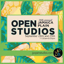 Logo for 26th Annual Jamaica Plain Open Studios September 28th and 29th 11 am  6 pm on yellow green background