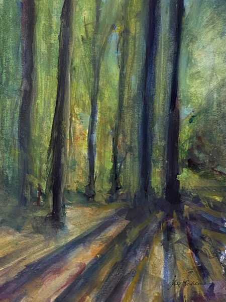 Watercolor painting Looking into a forest of thin trees They are more shadows than defined trees they cast shadows on an orange forest floor and while they do not appear to have leaves all the space around them is green as if the very sky is a forest