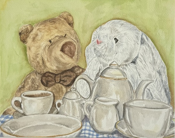 Drawing of a stuffed brown bear wearing a bow tie and a white long eared rabbit sitting next to each other angled toward each other They are sitting at a small table with a blue checkered table cloth A white ceramic tea set sits on the table two cus 