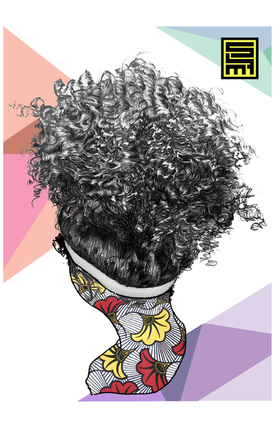 Painting of a woman seen from behind from the neck up Her skin is a series of black and white lines covered in red and white flowers Her hair is up there is a white band around her head and her hair is gathered in tight curls on top of her head The ba