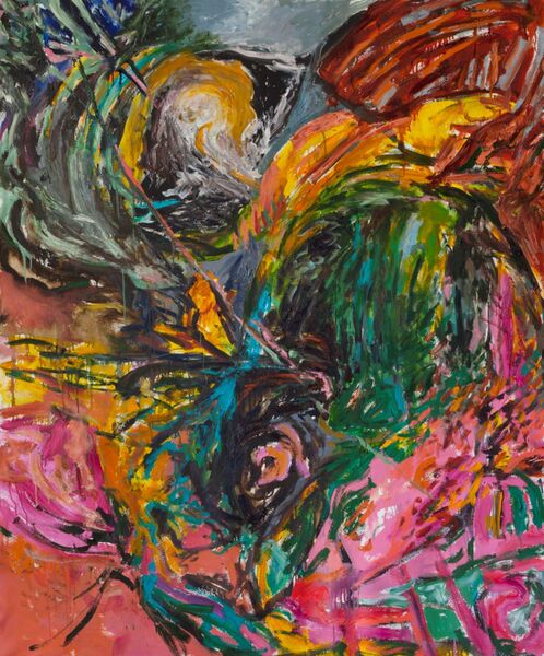 Abstract oil on canvas Swirls of color no definable image Yellows blacks oranges greens and pinks