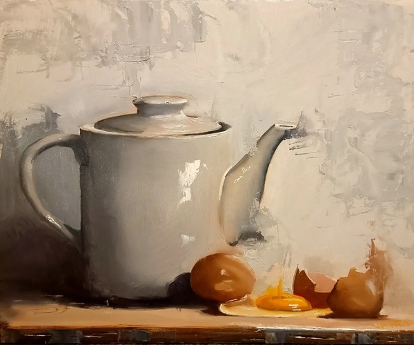 Oil painting of off white tea pot with spout facing right side. One brown egg sitting under spout, one broken eggshell and egg yoke next to that. On wooden table top in front of off white wall. 