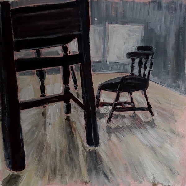 Watercolor painting Black chair on right next to a black table out of perspective on a grey and off white floor and grey walls