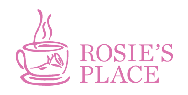 Rosies Place Logo tea cup on saucer with rose on cut and steam rising from cup. Rosies Place text and image is pink. 