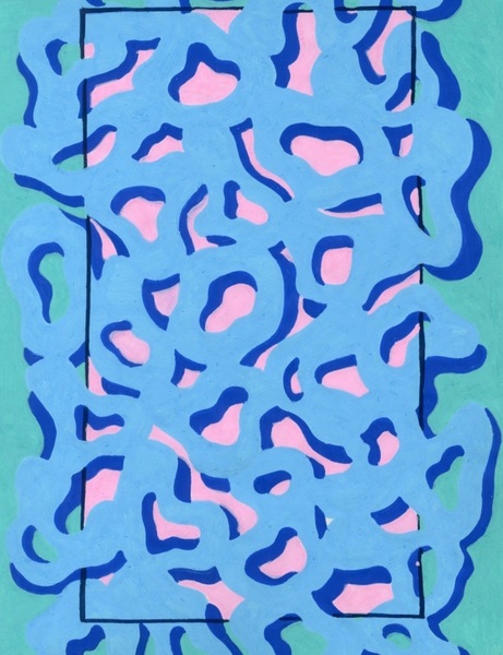 An abstract painting Light blue squiggles with shading of dark blue giving those depth so that it looks like a web placed over a pink centered background and a teal border