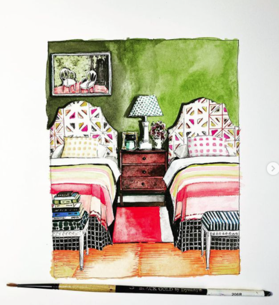 Watercolor of bedroom with two single beds with three draw nightstand between them with lamp on stand One picture above the left hand bed Orange carpet Pink and white blankets on beds 