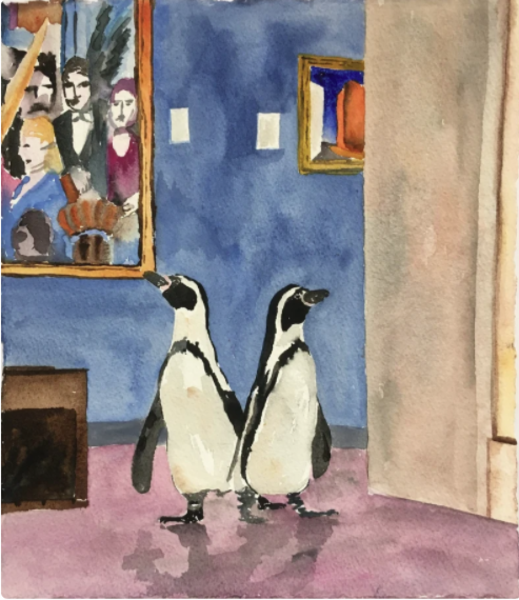 Watercolor of two penguins standing in a museum looking at art on the walls 