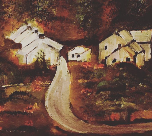 Painting A dirt road leading through a rust colored landscape to end at a white home 