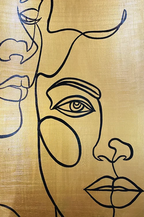 Acrylic painting Gold surface with black lines creating the partial profile of two women and the right side of a third womans face all just black lines no shading or other colors
