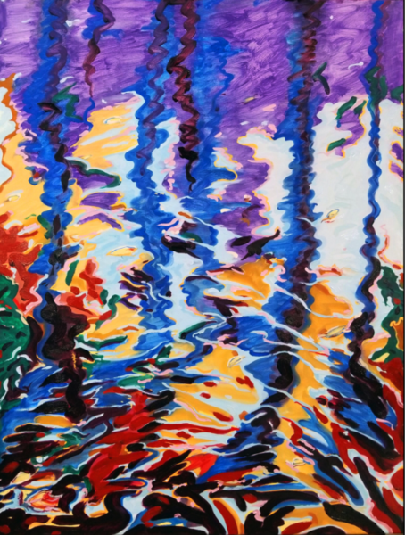 Oil on linen painting Patches of color rippling on water Top color is purple with blue running throughout Water changes color to yellows reds and black as you move your eye toward the bottom of the piece