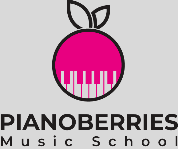 Pink berry with white piano keys on bottom and two leaves on top outlined in black Text underneath reads Pianoberries Music School On grey background 