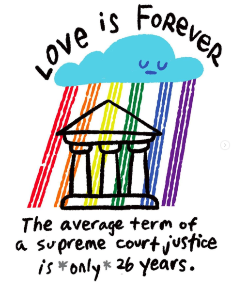 Image of blue raincloud with eyes closed Rain is coming down in sheets of red orange yellow green blue and purple lines like the Pride flag over drawn Supreme Court building Text above reads Love is Forever and below The average