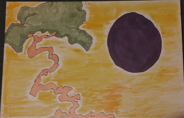 Watercolor and ink painting Large purple full moon on right next to tree with very wiggly trunk leading to fully green canopy Yellow background with small patch of red so it looks like a reflection of a sunset even though the moon is up 