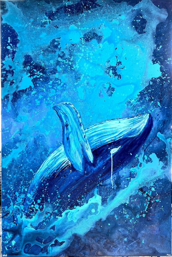  Painting All blues of a whale back flopping into water but is surrounded by water above as well 