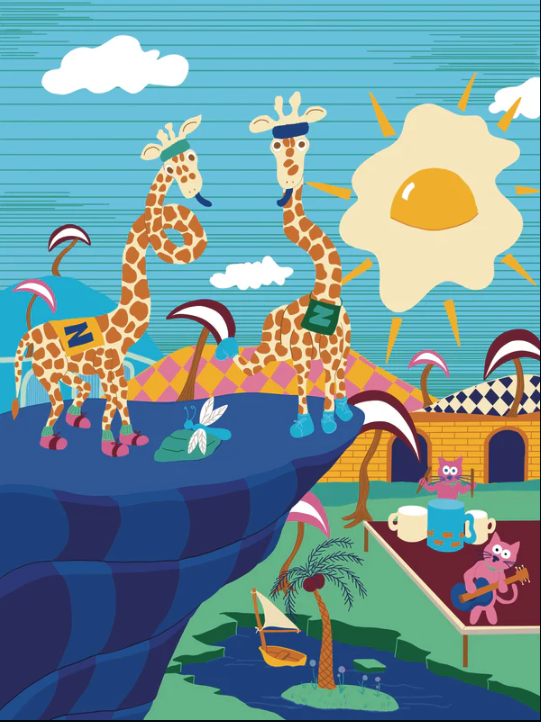 Fantastical painting of two giraffes wearing hats with extra long looping necks standing on a blue checkered cliff over a seaside vista with a cat playing a guitar and a cat playing three upside down mugs on a red stage The sun is up but it looks like 