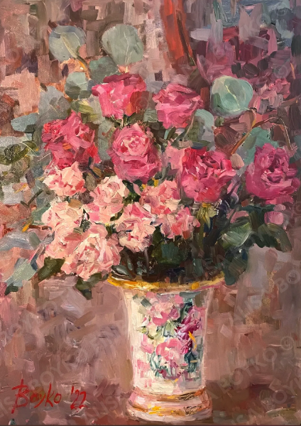 Oil painting Light pink and darker pink roses in a vase  there are green out of focus leaves below and above roses The vase is white with gold trim and blurry pink flowers on the front The background is smudges of light pink and browns 