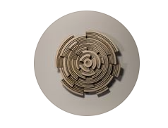 Circle of several carved pieces of wood cut to look like a maze multiple layers on top of each other Light wood 