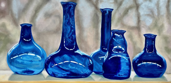 Oil painting of 5 blue glass vases. Two long necked, two short necked and one with no neck. They are just barely clear and in the background is a fully blurred blue sky with bare, brown trees.