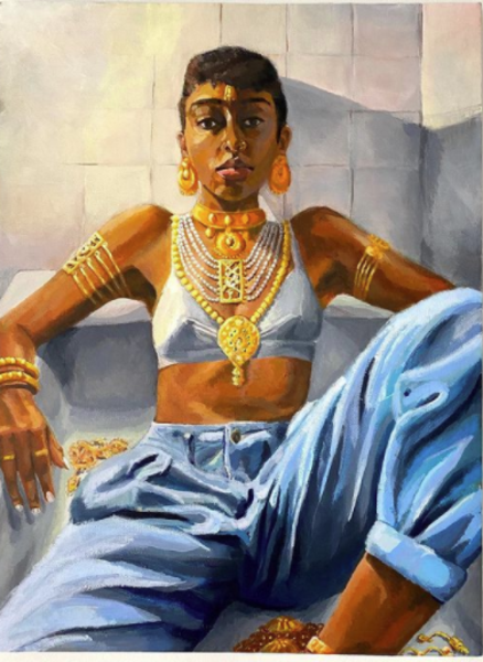 Painting Young woman with short hair looking directly at camera Wearing white crop tank top with several gold necklaces and gold bracelets arm bands and earrings She is seated on a white chair and wearing blue jeans rolled up past her ankle with her 