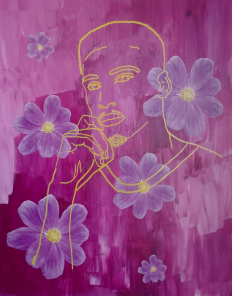 Painting Purpleish pink background lighter color at top of piece Six purple flowers with yellow centers of varying size scattered on painting Outline of man from midchest up painted in yellow 