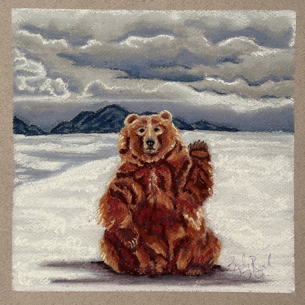 Painting of a brown bear sitting on his haunches and holding up his front left paw, as if waving at the viewer. He is looking at the viewer. It appears he sits on the icy ground with dark mountains in the distance and a cloudy sky.