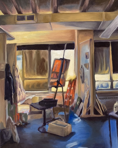Painting of an artist studio Big windows in the back canvas seen from behind in the center blurry clothing and painting tools on walls and around canvas Cardboard box under canvas Temporary wall divides main space from another studio