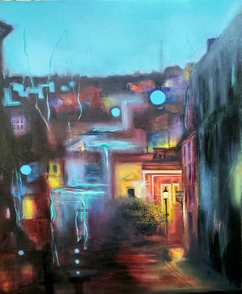 Painting of blurred distant image of a town Street lamp next to bush is clear Certain doorways are lit up but all other aspects of town are blurry pinks reds and blues 