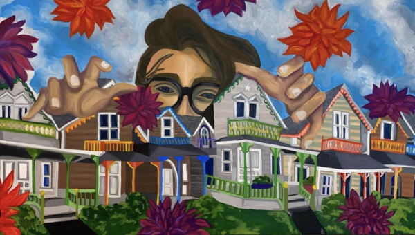 Painting of double decker homes with vibrantly colored porches Blue sky with giant falling flowers and a giant half of a face behind the homes reaching for the flowers 