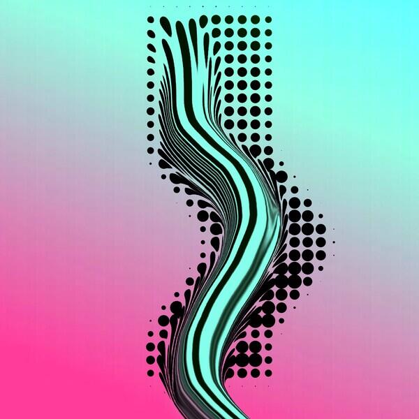 Abstract painting pink lower third melting into teal upper third with serpentine black and teal slash through center 