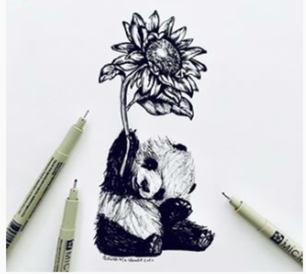 Ink drawing by Olivia MacDonald Panda sitting down holding sunflower above head in right hand head tipped to left Three open ink pens surround artwork Black and white