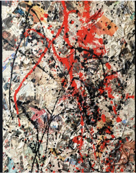 abstract painting and collage with splashes of red black and yellow