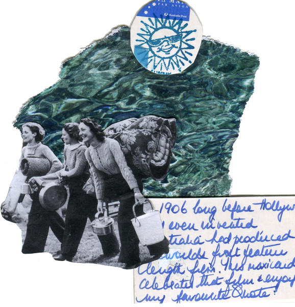 Collage art work Green background that looks like water with blue sun wearing sunglasses on a white circle above it Three women in black and white carrying camping gear in the lower left corner Blue script handwriting in the bottom right that partially